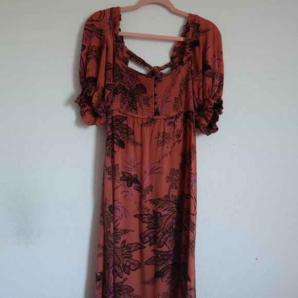 Anthropologie Puff-Sleeve Smocked Dress Midi Floral Orange Size Small - Picture 3 of 12